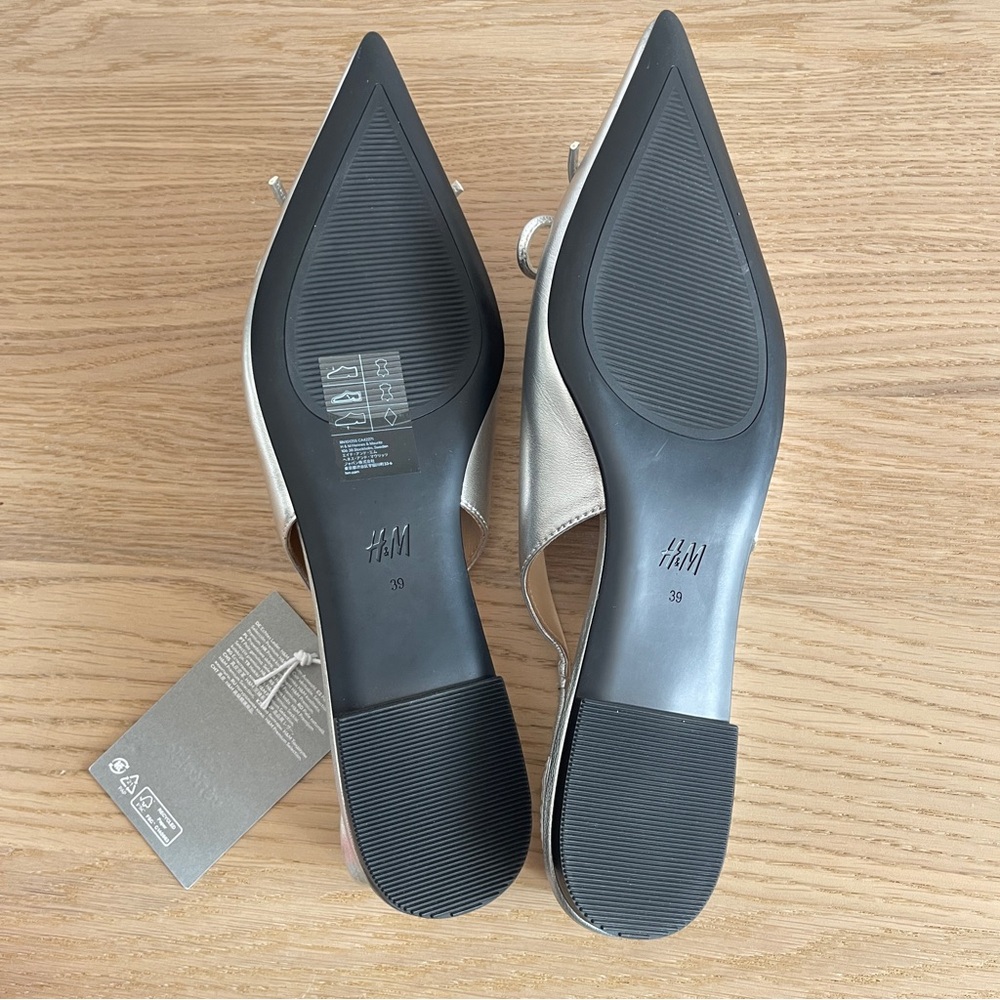 H&M Silver leather slingback ballet Flats with Bow Detail size 8 metallic office - Picture 10 of 13